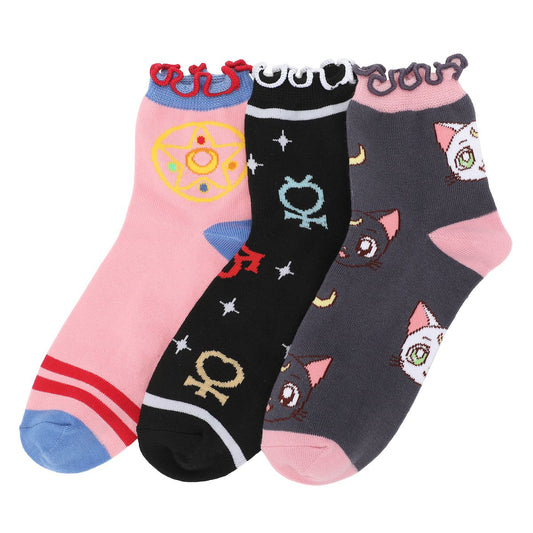 Sailor Moon Cosmic Symbols & Cats Women's 3-Pair Lettuce Edge Casual Quarter Crew Socks