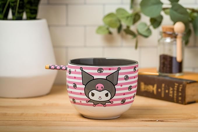 Sanrio Kuromi Smiling Face 20z Ceramic Ramen Bowl with Chopsticks