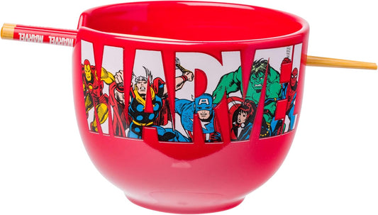 Marvel Comics Avengers Retro Ceramic Ramen Noodle Rice Bowl with Chopsticks, Microwave Safe, 20 Ounces