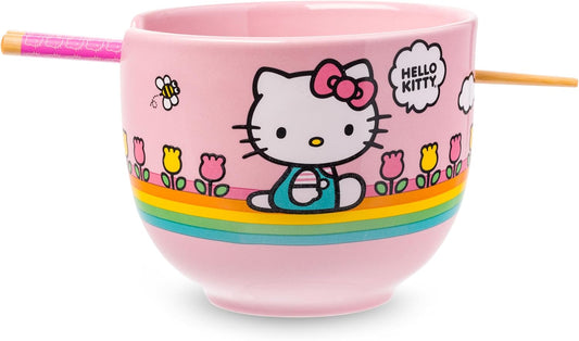 Hello Kitty Spring and Summer Flowers Rainbow Stripes Ceramic Ramen Noodle Rice Bowl with Chopsticks, Microwave Safe, 20 Ounces