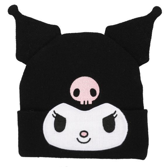 Kuromi Cuff Beanie with 3D Plush Horns Black