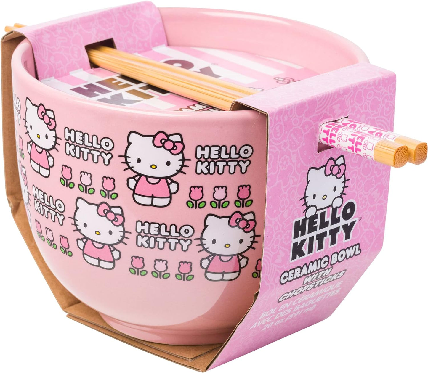 Hello Kitty Flowers 20z Ceramic Ramen Bowl with Chopsticks