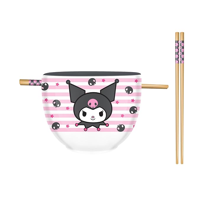 Sanrio Kuromi Smiling Face 20z Ceramic Ramen Bowl with Chopsticks