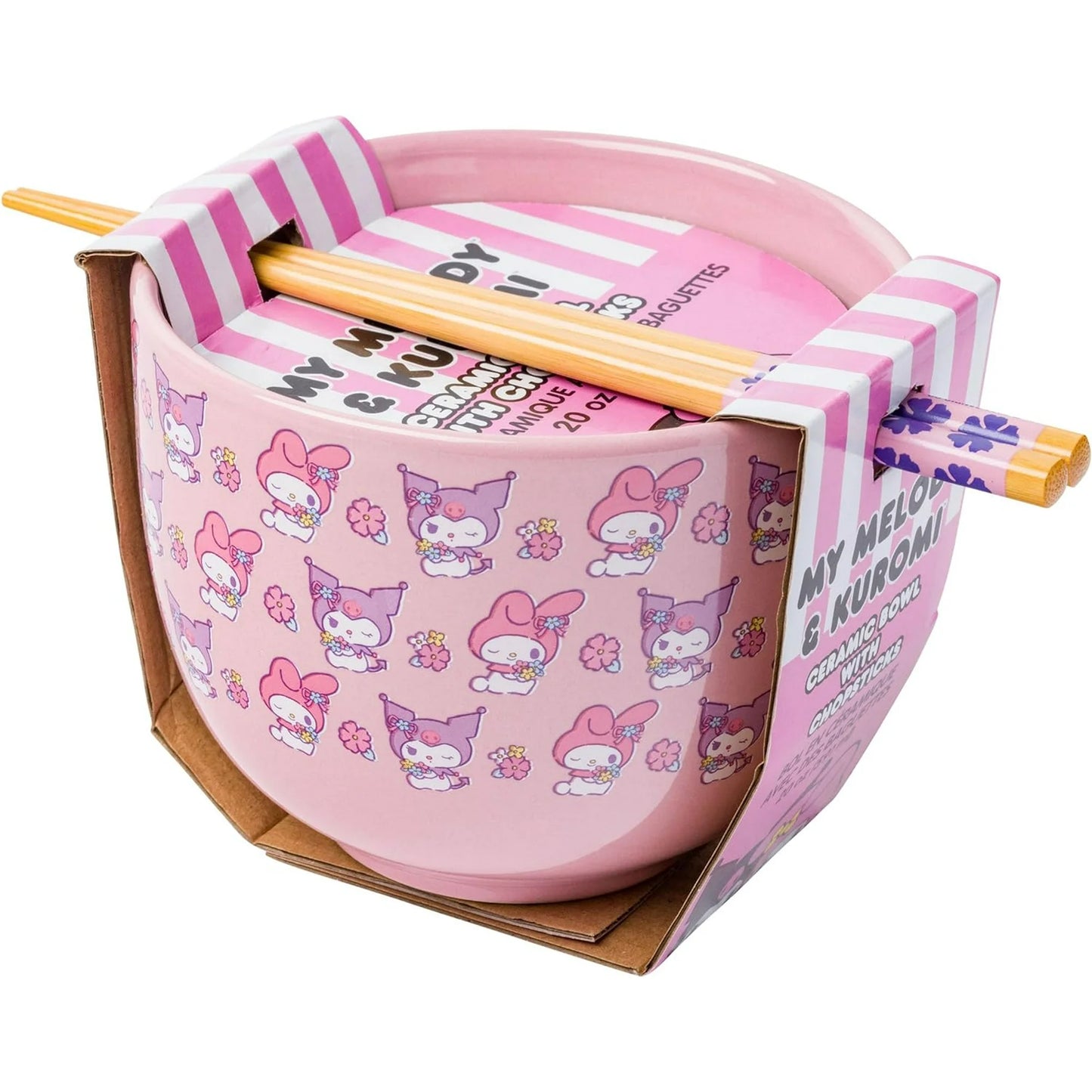 Hello Kitty and Friends My Melody and Kuromi Pastel Flowers 20-ounce Ceramic Ramen Bowl with Chopsticks