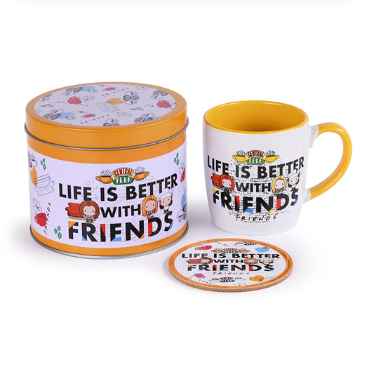 La vie est meilleure avec Friends coffret cadeau tasse, sous-verre et étain en métal