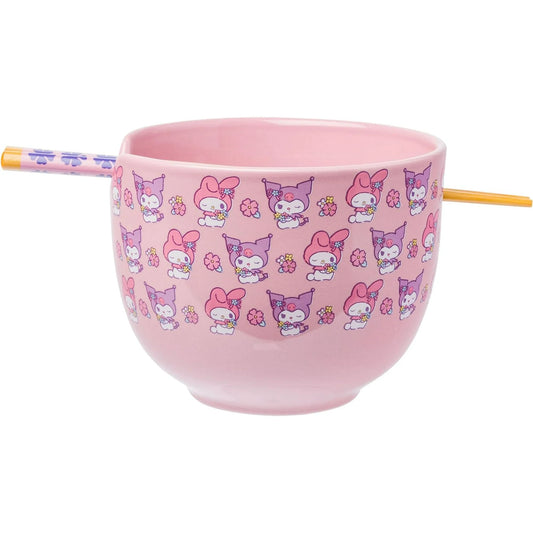 Hello Kitty and Friends My Melody and Kuromi Pastel Flowers 20-ounce Ceramic Ramen Bowl with Chopsticks