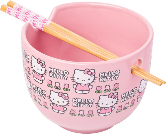 Hello Kitty Flowers 20z Ceramic Ramen Bowl with Chopsticks