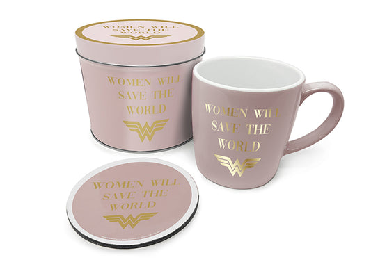 Wonder Woman "Women Will Save The World" Mug, Coaster and Metal Tin Gift Set