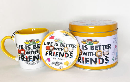 La vie est meilleure avec Friends coffret cadeau tasse, sous-verre et étain en métal