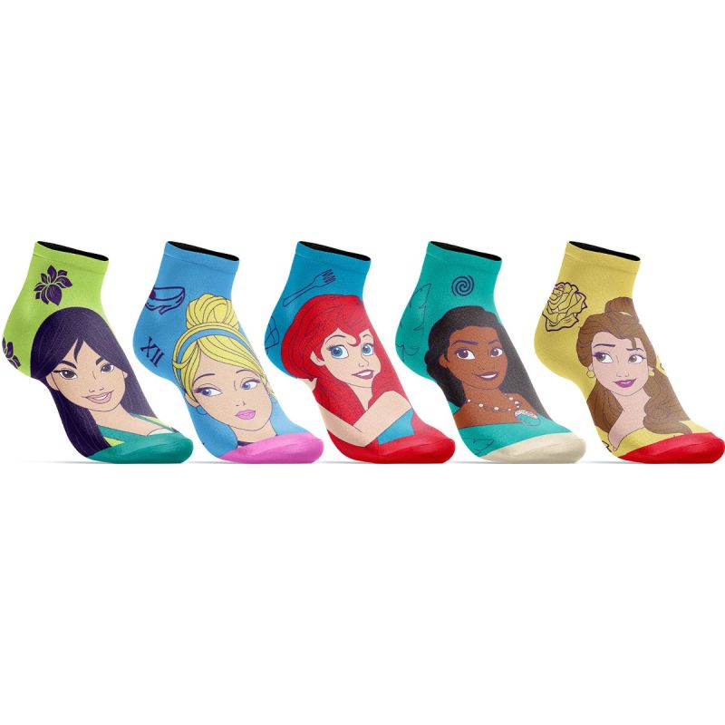 Disney Princesses Mulan, Cinderella, Ariel, Moana and Belle 5-Pair Ankle Socks